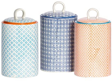 Nicola Spring Patterned Kitchen Canister - 11.5cm - 3 Colours Porcelain Hand Printed Kitchen Storage Jar Airtight Biscuit Barrel for Biscuits, Oats, Tea, Coffee