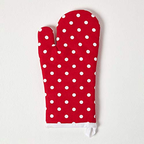 HOMESCAPES – Pur Coton – Gant de Cuisine – À Pois – Rouge Blanc – 18 x 32 cm - Linge de Cuisine Entièrement Coordonné et Lavable