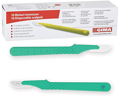 Gima - Bistouris en Acier Inoxydable, Manche en ABS, Stérile et Jetable, Premium, Protège-lame de sécurité, Taille n. 21, 10 scalpels emballés individuellement.