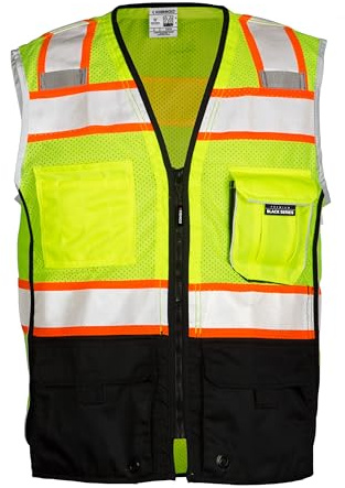 Kishigo Men's High Visibility Reflective Premium Black Series Black Bottom Vest 1515, Zipper Closure, Polyester, ANSI 107 Type R/Class 2, Construction, Utility, Waste Management (Lime, L)