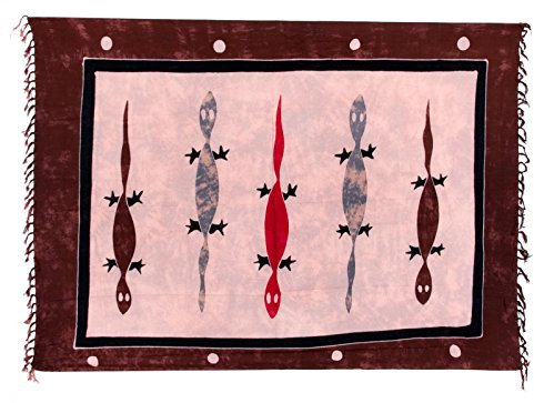 Kascha Sarong Pareo Wickelrock Strandtuch Tuch Wickeltuch Handtuch - Blickdicht - ca. 170cm x 110cm - Braun Lachs Batik mit Gecko Motiv Handgefertigt inkl. Kokos Schnalle in Rauteform