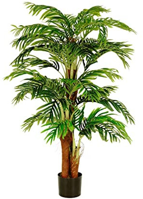 kunstpflanzen-discount.com Areca Kunstpalme 160cm hoch mit 3 Baststämme und 27 Wedel im Topf - Künstliche Areca Palme mit echter Palmfaser