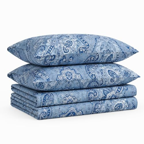 Tribeca Living Deep Pocket Queen Size Sheet Set - 300 Thread Count Cotton Sateen Sheets with 22-Inch Extra Deep Pockets, Oeko-Tex Certified, 4 Bedding Set in Atlantis Multi Print
