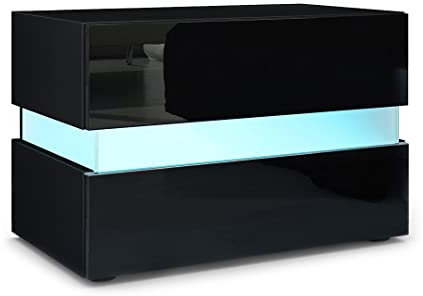 Vladon Nachttisch Flow, Made in Germany, Nachttischschrank mit Schublade Schwarz matt/Schwarz Hochglanz, inkl. LED-Beleuchtung (60 x 45 x 39 cm)