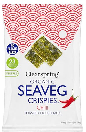 Clearspring Organic Seaveg Crispies Chilli | 4g X 1| 47% Toasted Nori & 2% Chilli | Great Taste Award Winner | Sugar Free | High in Fibre | Source of Protein | Gluten Free | Vegan