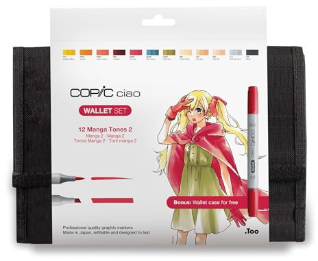 COPIC Ciao Marker 12er Manga Set Schuluniformen im Wallet, Allround-Layoutmarker mit einer mittelbreiten und einer Brush-Spitze