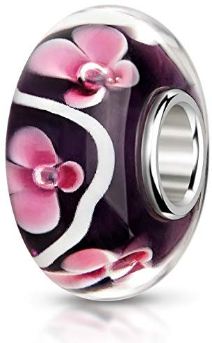 MATERIA by Matthias Wagner Glas Bead violett mit rosa Blüten für Beads Armband 1036