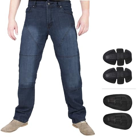 Juicy Trendz Men's Motorcycle Jeans with Aramid Lining & Removable Pads | Durable denim cotton fabric, protective Aramid safety lining, removable knee & hip pads, tactical biker riding fit wear.