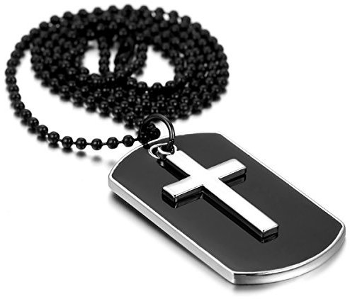 Flongo Herrenkette Männer Anhänger, Legierung Halskette Silber Schwarz Patrone Geschoß Gewehrkugel Kugel Erkennungsmarke Dog Tag Armee Stil Poliert Stammes 27.5 Zoll Kette Herren Accessoires (Kreuz)