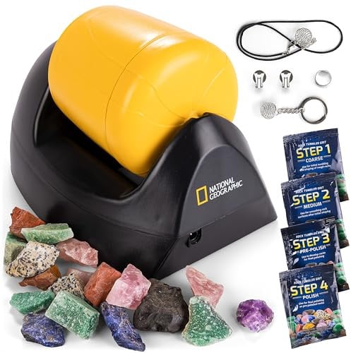 NATIONAL Geographic Starter Rock Metall, gummierter Schaft Tumbler Kit - Komplettes Steinpolierer-Set, langlebiger, auslaufsicherer Becher, 227 Gramm Steine, Körnung, 5 Schmuckverschlüsse