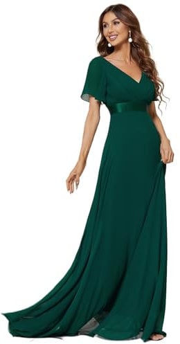 Ever-Pretty Damen Abendkleid Frau A-Linie Chiffon Festliches Kleid V Ausschnitt Hochzeit Bodenlang Dunkelgrün 42
