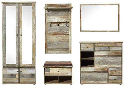 Stella Trading Bonanza Vintage Garderoben Set in Driftwood Optik - Retro Flurgarderobe für Ihren Eingangsbereich - 274 x 188 x 40 cm (B/H/T)