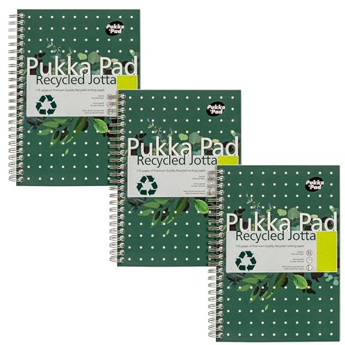 Pukka Pad, Recycled A5 Writing Pad – Pack of 3 Wirebound Notebooks with 110 Pages of 80GSM FSC Recycled Paper – 8mm Lines and Perforated Margins