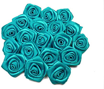 Rosen 3 cm x 10 Stück Satinrosen Aufnäher Deko Blumen Röschen zum Basteln Hochzeit kleine Rosenköpfe Farbe: Türkis 343