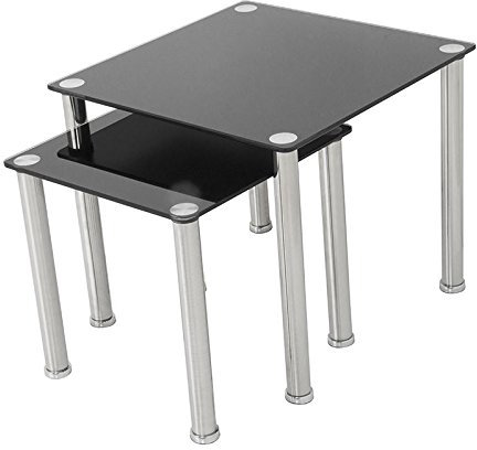 MAHARA Chrome and Black Glass Nest of Tables - Nesting Tables 50cm x 45cm x 45cm and 39cm x 30cm x 30cm - Safety Glass Coffee Tables 10kg Max - Nest of Tables Living Room Furniture/Office Furniture