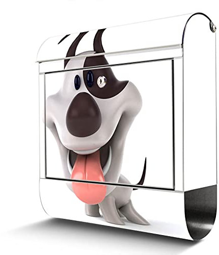 banjado® Briefkasten Edelstahl mit Motiv Comic-Hund 38x43x12cm & 2 Schlüssel - rostfreier Edelstahl Briefkasten mit Zeitungsfach - Postkasten A4 Einwurf inkl. Montagematerial
