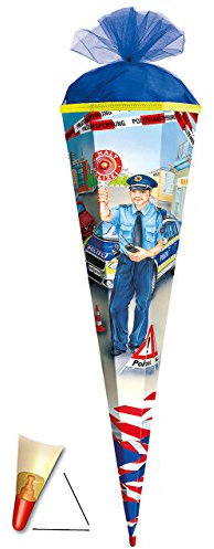 Schultüte - Polizist - 85 cm - mit Holzspitze/Tüllabschluß - Zuckertüte Roth - für Jungen - Polizei Auto Polizeiauto Fahrzeug/Führerschein