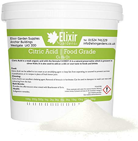 Elixir Gardens Anhydrous Citric Acid Fine Food Grade | 1kg Tub | For Use With Bath Bombs, Cleaning, Descaling, Preservative, Cooking, Elderflower