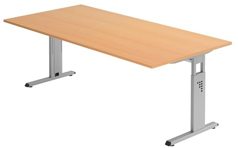Bümö höhenverstellbarer Schreibtisch O-Serie 200x100 cm in Buche, Gestell in Silber - großer PC Tisch für's Büro manuell höhenverstellbar, Computertisch verstellbar