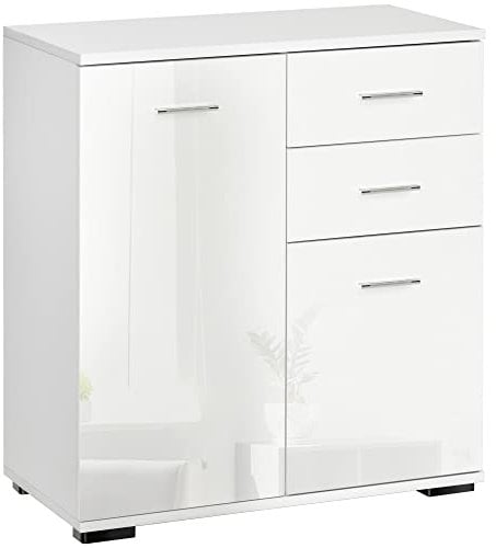 HOMCOM Modern High Gloss Sideboard Storage Cabinet Table Chest of Drawers for Bedroom Living Room Storage Furniture, White