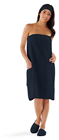 Boca Terry Womens Spa Wrap - 100% Cotton Spa, Shower, Bath and Gym Towel w Snaps, Towel Wrap for Women, Black, Medium/Large | Terry cloth shower wrap towel for home, gym, spa, sauna or pool, secure & adjustable - Black, Medium/Large