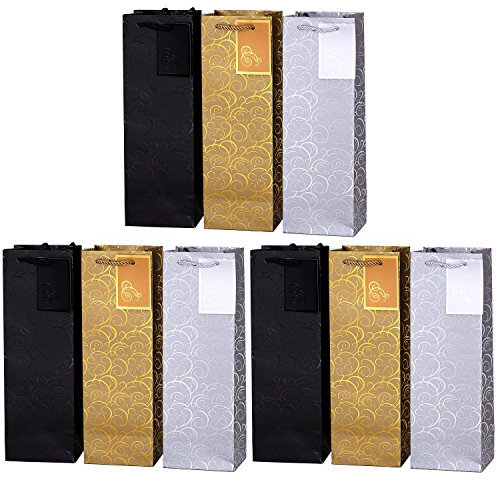 9-er Packung Geschenktüten gold silber schwarz Flaschentüten für Wein und auch für Sekt oder Champagner 36x12x10 cm