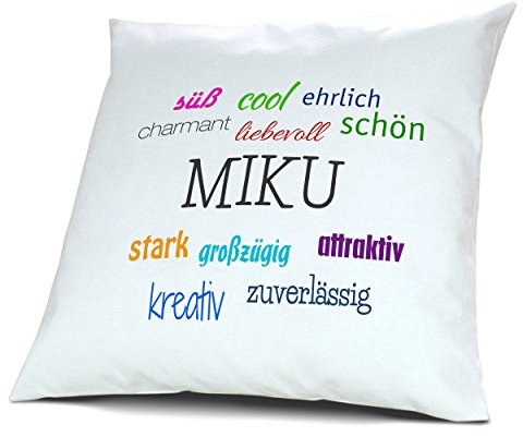 Kopfkissen mit Namen Miku - Motiv Positive Eigenschaften, 40 cm, 100% Baumwolle, Kuschelkissen, Liebeskissen, Namenskissen, Geschenkidee, Deko