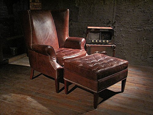 Echtleder Ohrensessel und Fußhocker Manea Set Vintage Leder Tabaklounge Zigarrenbraun