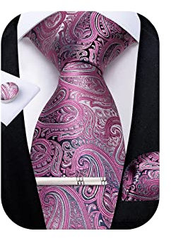DiBanGu Paisley-Krawatten für Herren, Seidenkrawatte und Einstecktuch, Manschettenknöpfe, Krawattenklammer-Set, gewebt, klassische Herren-Krawatte für Hochzeit, Party, 04 Grau / Rosa, Einheitsgröße