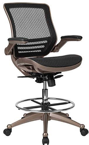 Flash Furniture Zeichenstuhl, mittelhohe Rückenlehne, transparentes Mesh mit goldfarbenem Gestell (Melrose Gold) und hochklappbaren Armlehnen, Metall, Schwarz, 71,1 x 71,1 x 125,7 cm