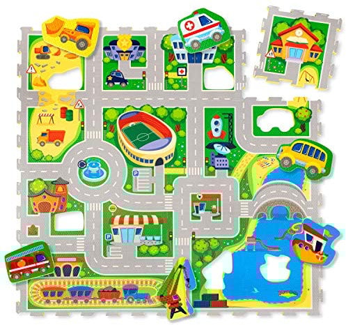 Straße Puzzlematte Baby 1,2x1,2m – Autoteppich Kinder 16 Platten, 11 Autos – 20% dickere & weichere Spielmatte – schadstofffreie, geruchlose, Pflegeleichte Baby Krabbelmatte – plastikfreie Verpackung