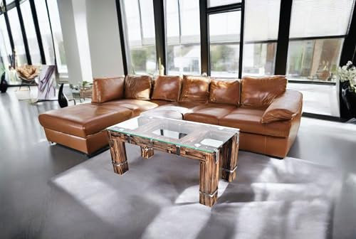 CHYRKA® Wohnzimmertisch Couchtisch Massivholz Metall Glastisch Holz Glas Loft Handmade (Drohobycz-Natur, 120x60 cm H=50 cm)