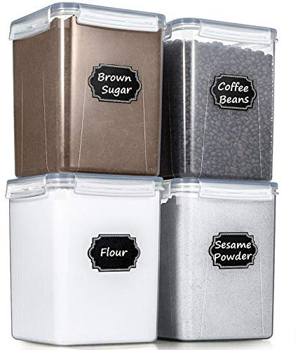 Wildone Large Food Storage Containers 5.2L /175oz, 4 Piece BPA Free Plastic Airtight Food Storage Containers for Flour, Sugar, Baking Supplies, Kitchen & Pantry Containers with 20 Labels - Gray