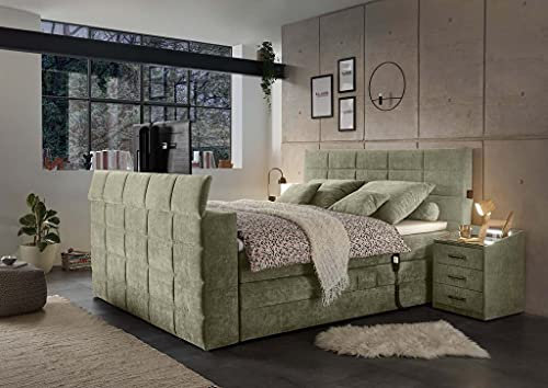Froschkönig24 Denver Boxspringbett 180x200cm Schlamm inkl. Motor & motorisierte TV-Halterung, Ausführung:Variante 2