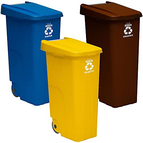 Pack reciclaje 3 Contenedores - cubo de basura Wellhome Reciclo 110L cerrado c/u: Azul (Papel y cartón) - Marrón (Orgánico) - Amarillo (Plásticos)