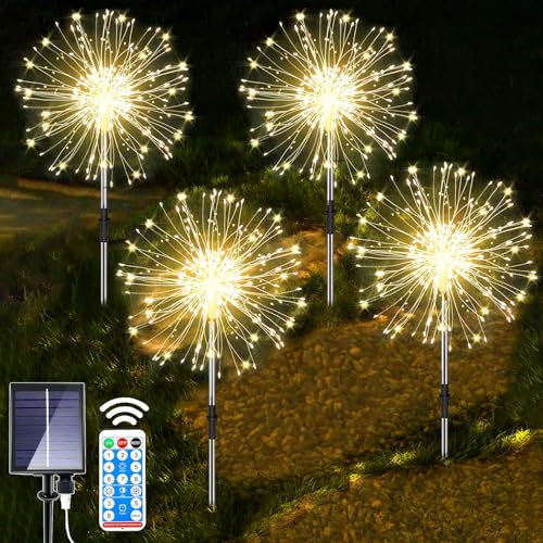 yowin Solarlampen für Außen 4x120 LED Solarleuchten Pusteblume Gartenstecker mit Fernbedienung, 8 Modi Feuerwerk Gartenbeleuchtung Winterfest Gartenlichter Solar für Balkon Weg Blumenkasten Deko