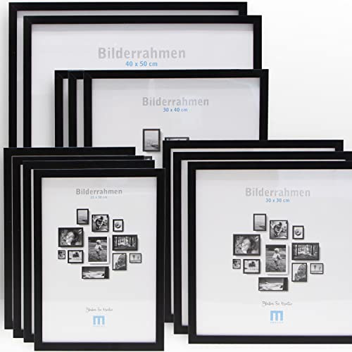 12 tlg. Foto Bilderrahmen-Set in Schwarz in verschiedenen, unterschiedlichen Größen. Für Fotowände & Bilderwände mit schwarzen Bilderrahmen, Hochformat & Querformat geeignet. Von 21x30cm bis 40x50cm