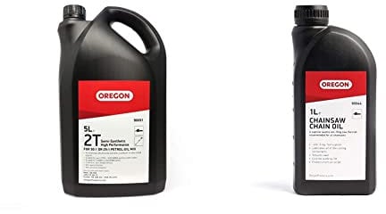 Oregon 90891 Semi Synthetic 2-Stroke Low Smoke Engine Oil, 2T (5 Litre Bottle) & Chainsaw Chain and Guide Bar Oil, 1 Litre Bottle (90844)