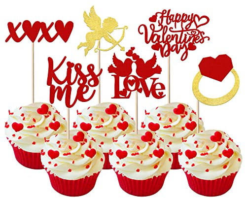 24 Stück Happy Valentine's Day Cupcake Toppers Glitter Amor Ring Sweet Love XOXO Kiss Me Cupid Cupcake Picks für Valentinstag Thema Hochzeit Braut Dusche Geburtstag Party Kuchen Dekorationen Rot Gold