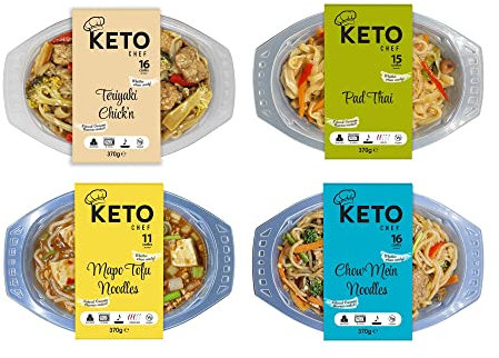 Keto Chef Variety Meal Pack - Mapo Tofu, Chow Mein, Pad Thai & Teriyaki Chicken - Konjac Vegan Meal, Free-from, High in Protein, Microwaveable | Ready to Eat (370g) Pack of 4