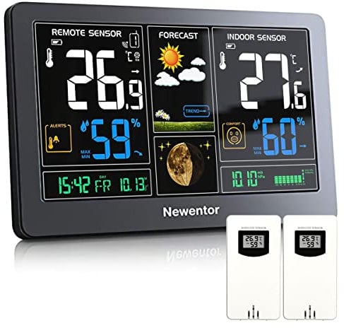 Newentor Wetterstation Funk mit 2 Außensensoren - Funkwetterstation mit Wettervorhersage, Temperaturwarnung, DCF Funkuhr - Batteriebetrieb und Netzbetrieb, Schwarz