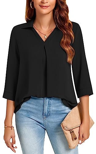 Aodemo Womens Summer Collared V Neck 3/4 Sleeve Shirts Business Casual Pleated Tops Loose Work Dressy Blouses M, Black