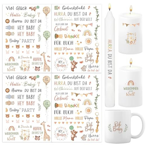 BETESSIN 4Pcs Kerzen Tattoo Baby Tattoofolie Kerzentattoos Alles Gute zur Geburt Kerzensticker Oh Baby Wasserschiebefolie Kerzen Verzieren Kerzenaufkleber DIY Geschenk für Kerzen Tassen