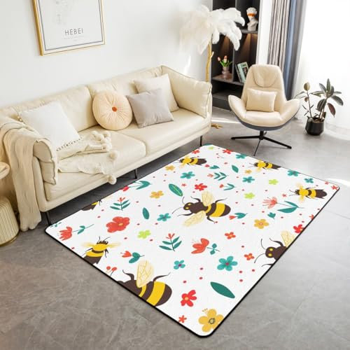 Kawaii Honigbiene Teppich,Gelbe Biene Bereich Teppich 100Bx150L,Garten Blume Dekorative Teppich für Schlafzimmer,Wohnzimmer,Gelb Rot Floral Botanical Wohnzimmer Teppiche,Frühling Thema Innenbodenmatte