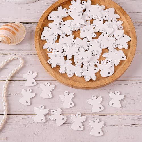 HERZONE 150pcs Holz Engel Anhänger Weihnachten Schutzengel Glücksbringer Weihnachtsdekoration (weiß Mini Engel-A)
