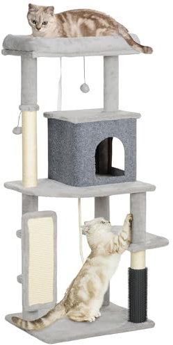 PawHut 132cm Cat Tree for Indoor Cats With Scratching Posts, Bed, House, Jumping Platform, Grooming Brush, Toy Balls, Anti-Tip Kit, Climbing Frame - Light Grey