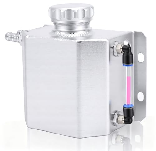 WODHMIEY 1L/2L Coolant Reservoir Tank Universal Radiator Coolant Overflow Expansion Tank Polished Aluminum Engine Coolant Recovery Kit with Magnetic Drain Plug and Level Hose for Car (Silver 1L)