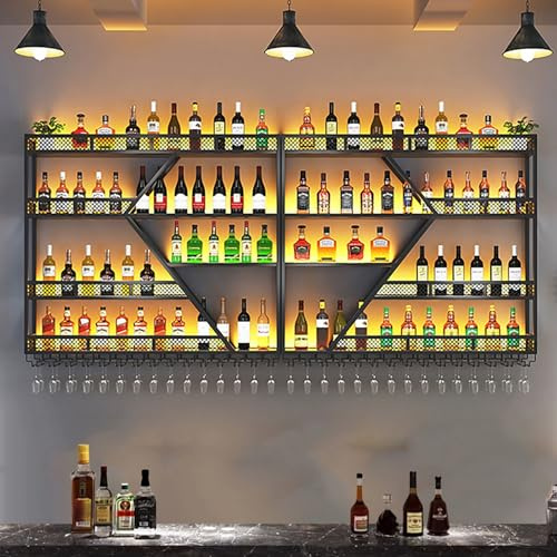 Bar Muralavec Bouteille et Lumière LED, Casier vin avec Porte-verres, Support Bouteille Mural pour Cuisine ou Cave À Vin