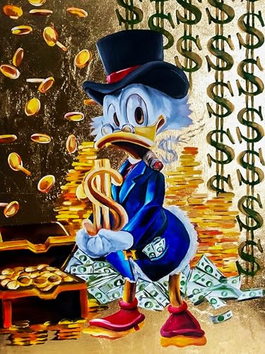 CanvasSoul Wandbild modern – Pop Art Kunstdruck | Wanddeko für Wohnzimmer & Büro | Dagobert Duck Geldsegen | Hochwertige Leinwandbilder B8216 (Mehrfarbig, 40 x 60 cm, Poster ohne Rahmen)