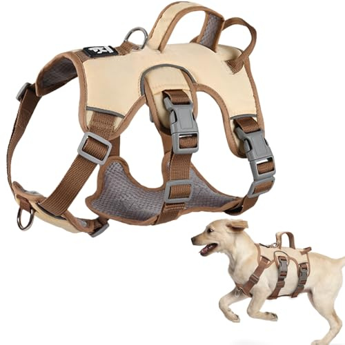 LiebeDD Sicherheitsgeschirr Hund Ausbruchsicher, Y Brustgeschirr Gepolstert mit 2 Griff und 2 Leinenclips, Anti Zug Hundegeschirr für Mittelgroße Kleine Hunde und Welpen (Beige, L)